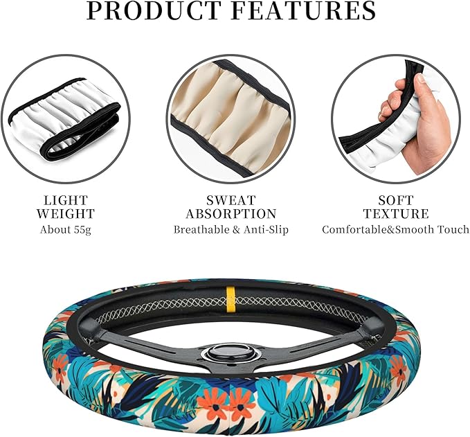 Car Steering Wheel Cover,Tropical Leaves Universal Non Slip Wheel Protector 15 Inch Elastic Car Accessories for Men Women