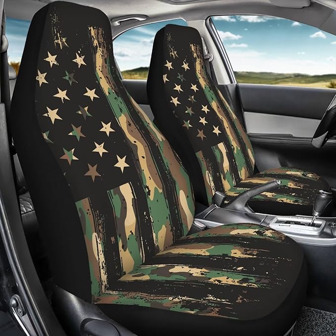 ELEQIN Car Seat Covers, Camo US Flag Print Seat Cover Front Car Seat Cushion, Front Auto Protector Universal Fit Most Cars, Automotive Interior Accessory