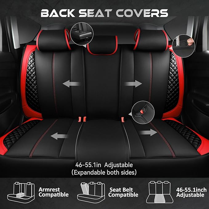 CAR PASS Nappa Leather Car Seat Covers Full Set Waterproof Protector Durable Cushioned,Universal Fit for Sedan SUV Pick-up Truck,Automotive, Anti-Slip and Backseat Luxury Premium(Black and Red)