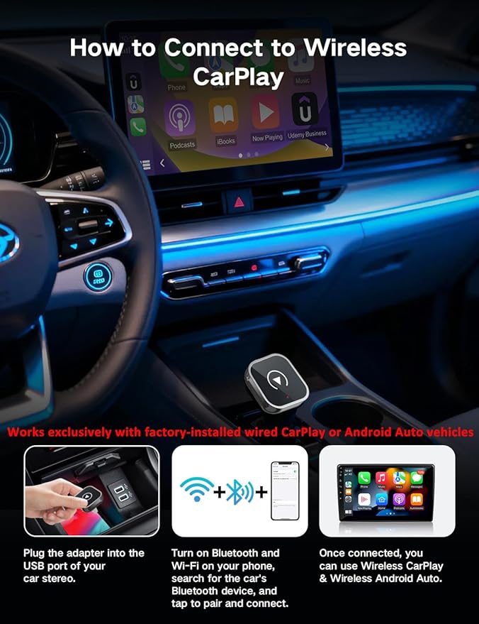 Kairiyard Wireless CarPlay Adapter for iPhone and Android Auto, 2-in-1 Convert Wired to Wireless Car Play Adapter, Plug and Play, No Latency, Fast and Stable Auto Connect, with USB/USB-C