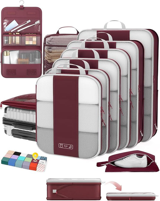 10 Set Compression Packing Cubes for Travel Essentials,Compressible Expandable Packing Cubes for Suitcase,OlarHike Luggage Organizer Bags for Travel,Handy Helper for Organizing Clothes(Wine Red)