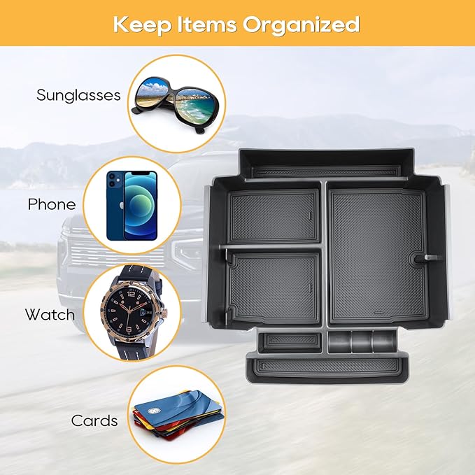 Center Console Organizer for 2021-2026 Chevy Tahoe/Suburban(Premier/High Country) & Yukon/Yukon XL(Denali/Denali Ultimate)Armrest Storage Accessories - Only Fit For Power Sliding Center Console