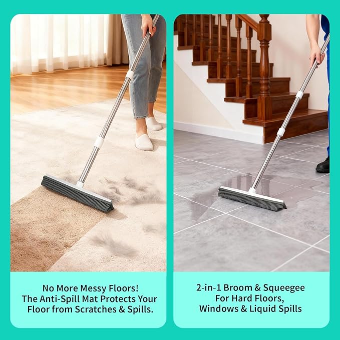 Carpet Rake for Pet Hair Removal, 30-51" Adjustable Stainless Steel Handle Rubber Broom with Squeegee, Reusable Cat & Dog Hair Remover Tool Set for Rugs, Hardwood Floors, Mats, Couch, Car