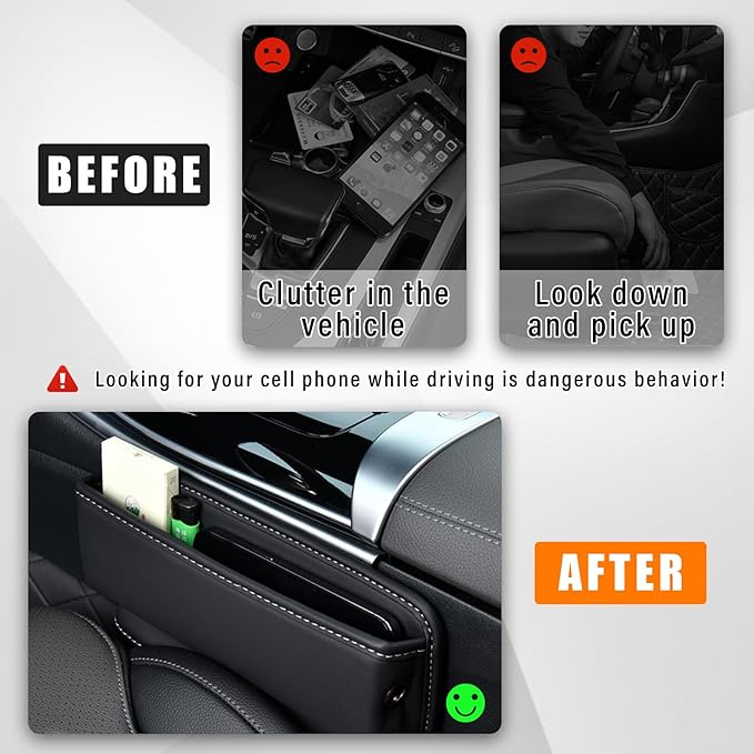 Ziciner Car Seat Gap Organizer, Premium Leather Auto Seat Storage Box, Vehicle Adjustable Front Seat Gap Filler, Car Seat Side Pocket Organizer for Phones, Glasses, Keys, Money, Cards (Black)