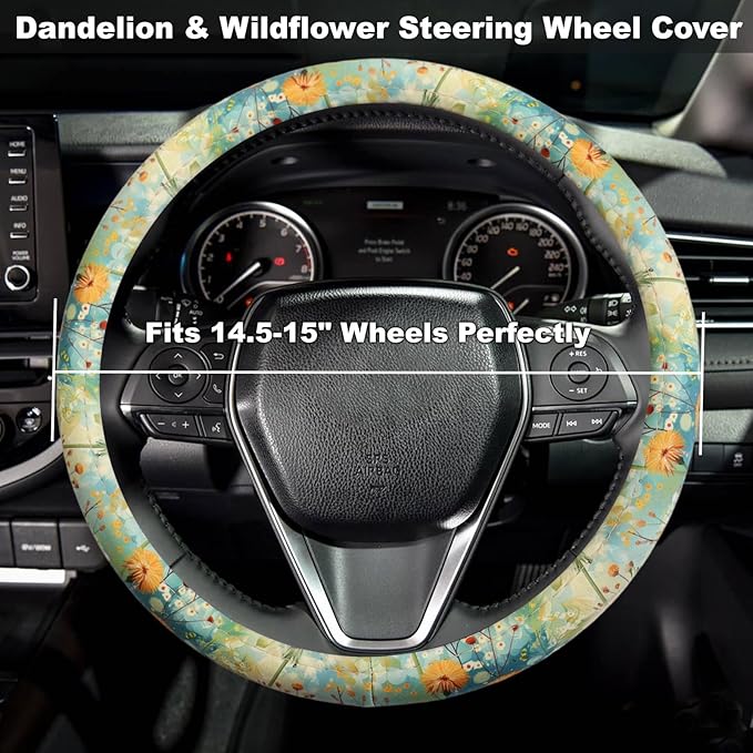 Dandelion & Wildflower Steering Wheel Cover for 14.5-15 Inch (37-38 cm) Wheels, Premium Fabric with Non-Slip Rubber Inner Ring (Dandelion & Wildflower)