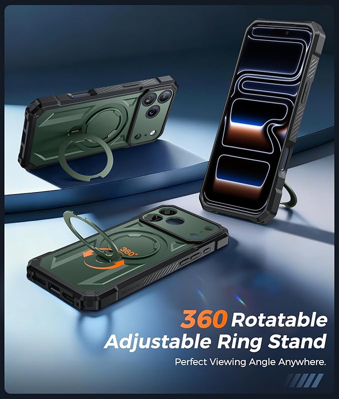 FNTCASE for iPhone 17 Pro-Max Case: [360 Spin Magnetic Ring Kickstand] [Compatible for MagSafe] [Screen Protector] Heavy Duty Military Grade Protection Protective Phone Case with Stand Green