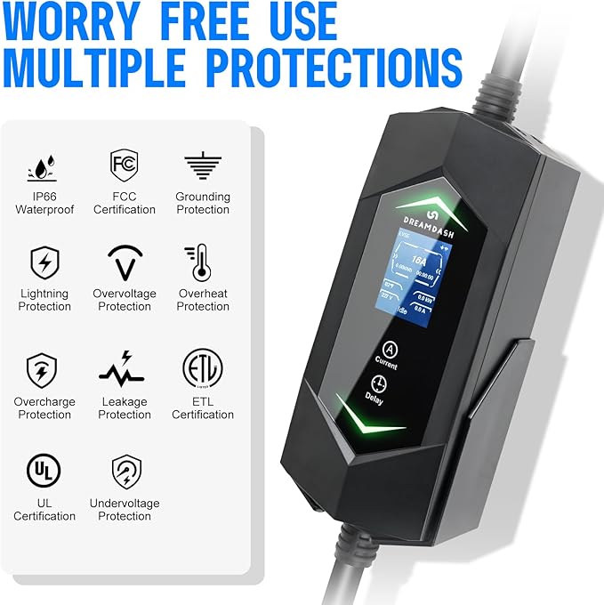 Portable Level 2& Level 1 Ev Charger for All SAE J1772 EVs, 25ft ETL Listed Electric Vehicle Charger, Smart Adjustable 6-16A,120-240V, Timer Function,Weatherproof IP66 with NEMA 6-20 Plug