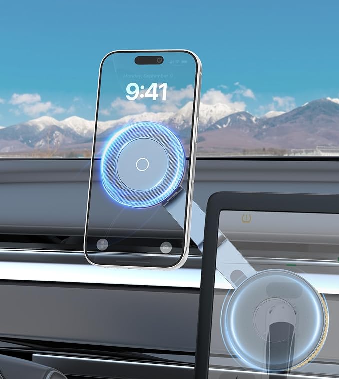 Magnetic Car Mount for Tesla, 360° Adjustable Phone Holder for Tesla Model 3 and Y, Strong Magnet & Foldable Car Accessories, All-metal Phone Mount for Magsafe Compatible with iPhone 17 16 15 Pro Max