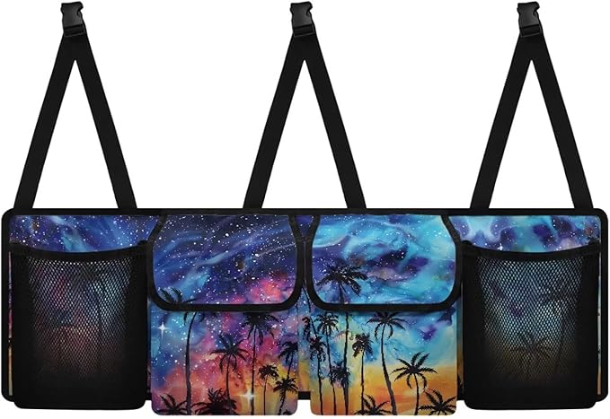 Sunset Palm Tree Car Backseat Hanging Trunk Organizer for SUV Car Storage Bag with 4 Pockets Multipurpose Adjustable Auto Interior Accessories