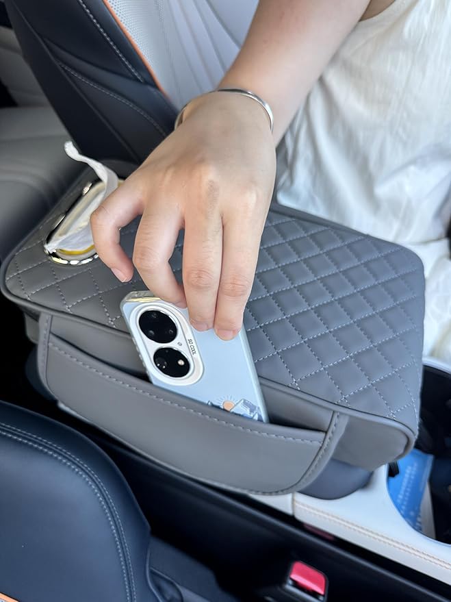 Upgraded Multi-Functional Car Center Console Cover, PU Leather Armrest Pad Cushion with Memory Foam Cushion, 2 Storage Pockets, Tissue Box Hole for Sedan Vehicles, 7 Colors (Grey)