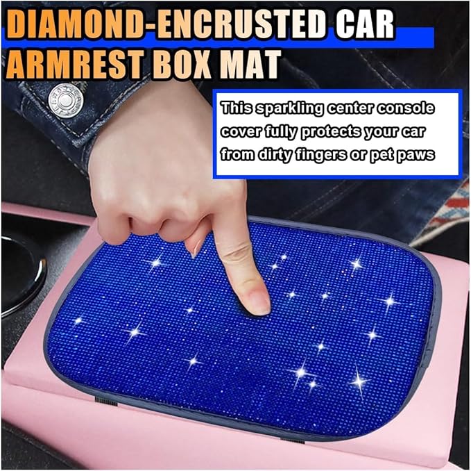 11.9''×8.4'' Bling Car Center Console Cover, Crystal Diamond Arm Rest Cover for Car, Soft Elbow Pillow Automotive Armrest Seat Box Covers, Arm Rest Protective Cushion Pad for Women Men (Blue)