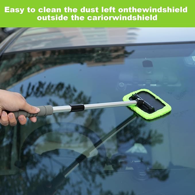 XINDELL Windshield Cleaning Tool for Car – 27inch Extendable Handle Window Cleaner with Reusable Microfiber Pads, Streak-Free Interior & Exterior Auto Glass Cleaner (Green)