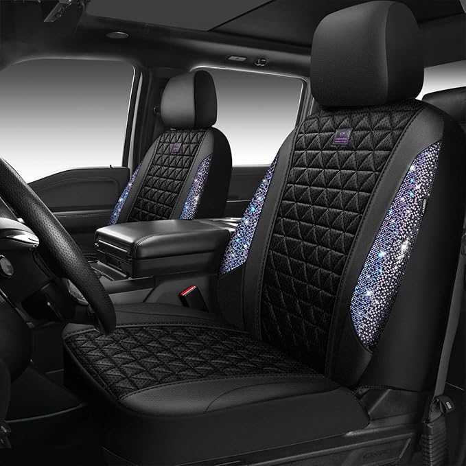 CAR PASS Bling Diamond Air Mesh Seat Cover Front Seats,Leather Seat Covers for Car Shining Glitter Sparkly,Automotive seat covers Universal Fit SUV Truck Cute Women Girl,Bedazzed Iridescent Rhinestone
