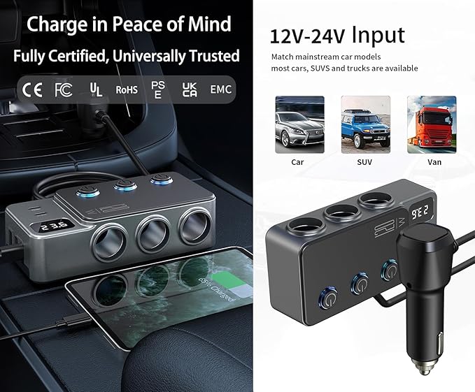 8-in-1 Car Cigarette Lighter Splitter, QC3.0 3 USB Ports & 2 Type-C PD 35W Fast & Safe Charging,3 Sockets with Independent/ Master Switches, Real-Time Voltage Display, Smart Trickle Charging, 12-24V