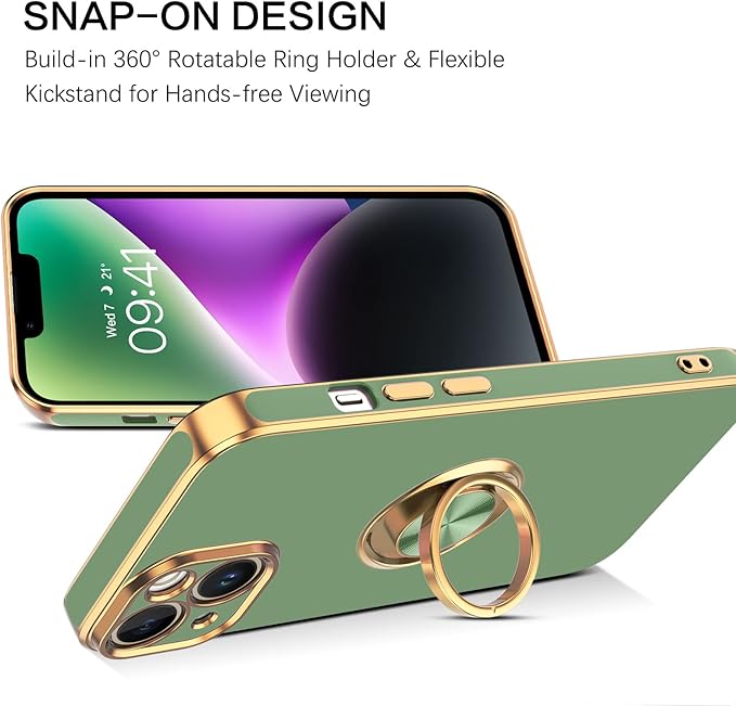 VENINGO Compatible with iPhone 14 Case, Slim Fit Soft 360° Ring Holder Kickstand Magnetic Car Mount Supported Easy Clean Shockproof Protective Cover for iPhone 14 6.1" 2022,Matcha Green