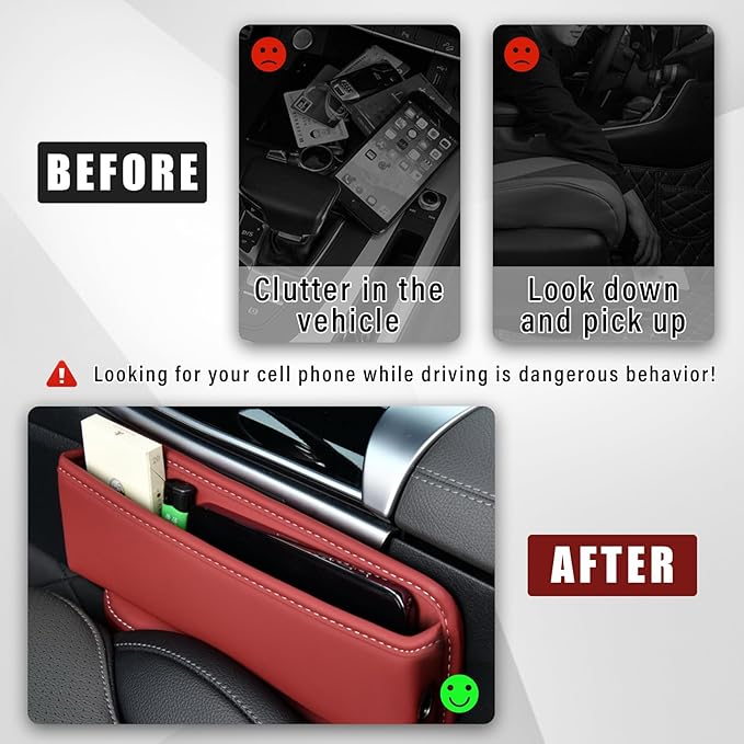 Ziciner Car Seat Gap Organizer, Premium Leather Auto Seat Storage Box, Vehicle Adjustable Front Seat Gap Filler, Car Seat Side Pocket Organizer for Phones, Glasses, Keys, Money, Cards (Red)