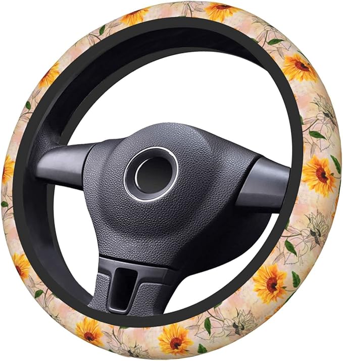 Vintage Sunflower Steering Wheel Cover Women Men Elastic Stretch Soft Car Wheel Protector Universal Breathable No-Slip Car Accessories for Truck Van SUV Auto Fit 14-15 Inches