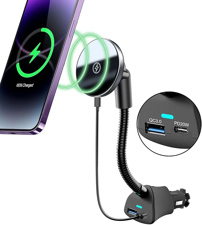for Mag-Safe Car Mount Charger 15W iPhone Wireless Car Cigarette Lighter Phone Charger, Cigarette Lighter Phone Mount with Dual Port PD&QC3.0 Fast Charging for iPhone 17 16 15 Pro Plus Max 14 13 12