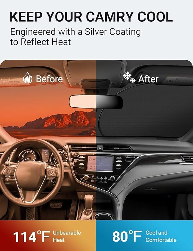 Proadsy 2026 Upgrade Windshield Sun Shade Custom Fit 2018-2025 2026 Camry LE XLE Hybrid SE XSE 4-Layer Foldable Front Sunshade Protector Sun Visor Blocks UV Rays Keep Car Cooler