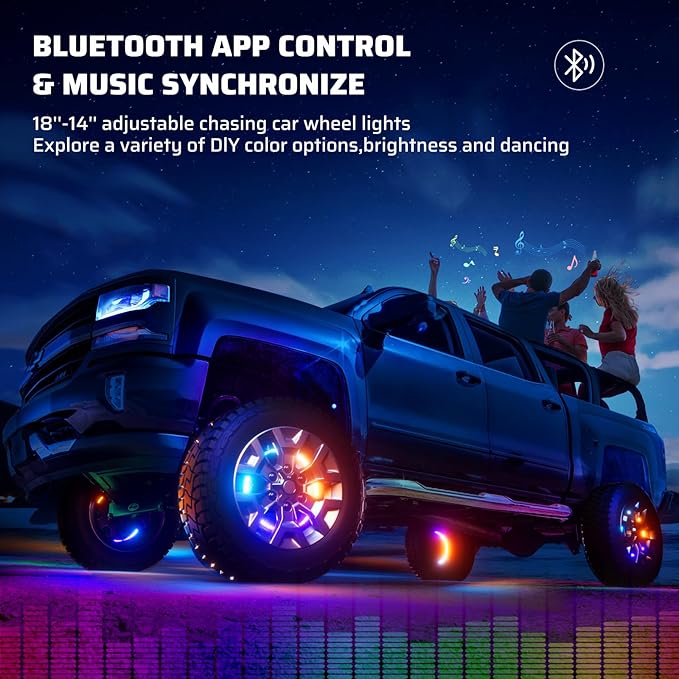 Ehaho 14''-18'' Double Row Adjustable Wheel Lights, Brighter RGB Chasing Rim Lights with App, Music Wheel Ring Light with Turn & Braking Signal Compatible with Various Trucks SUV Car（4PCS）