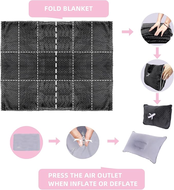 3 in 1 Travel Blanket Pillow Set - 350 GSM Thick Travel Blanket Airplane Compact with Bag, Soft Bag with a Pocket, Inflatable Travel Pillow for Camping & Car Trip (Dark Grey)