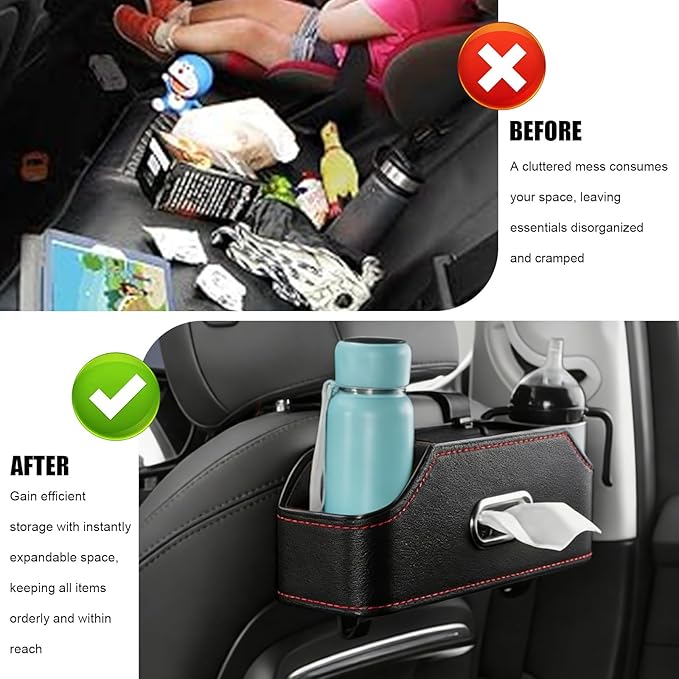 Sporacingrts 2 Pack Black Car Seat Back Organizer with Cup Holders, Tissue Box, Hooks, Phone Slot, PU Leather Storage Box for Backseat, Universal Fit for Cars SUVs Trucks