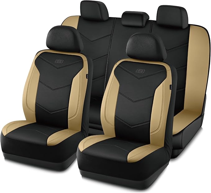 Skechers Memory Foam Seat Covers,Leather Car Seat Covers, Ultimate Comfort & Support Seat CoversFull Sets,Airbag Compatible, Automotive Universal Fit Most for SUVs, Vans, Sedans, Cars, Trucks,Beige