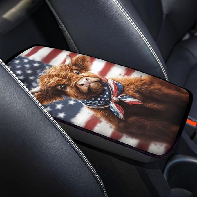 Highland Cattle Print Car Center Console Armrest Cover American Flag Print Armrest Box Cover Center Console Pad Universal Car Interior Decor for Truck Sedan SUV