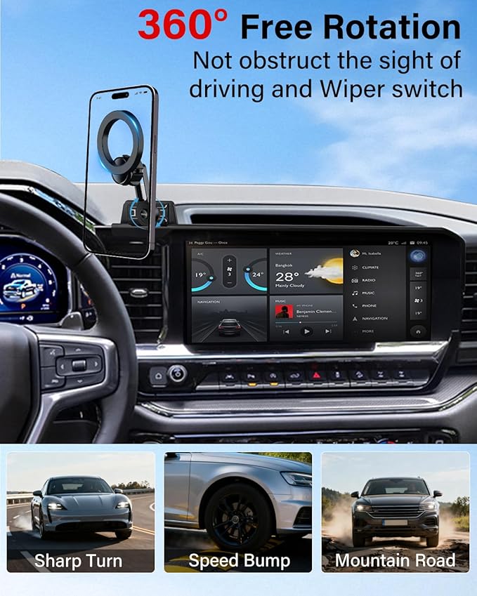 PZK Car Phone Holder for Chevy Silverado 1500/GMC Sierra 1500 2022 2023 2024 2025 2026 Accessories 13.4-Inch Screen Compatible with MagSafe Chevy Phone Mount with 360° Rotating Extension Rod