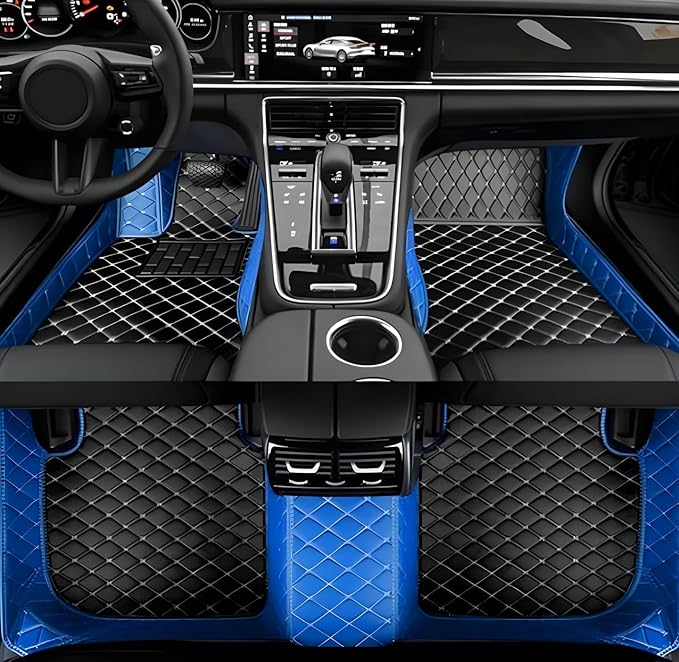 Yaruicar Custom Personalized Floor Mats for Cars Luxury Full Coverage All Car Floor Mats Anti-Slip Leather Car Mat Set Trucks & SUVs Trucks Automotive Floor Mats Liners (Blue Black Beige)