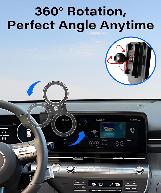 Car Phone Holder for Hyundai Kona/EV/Kona Electric 2024 2025 2026 Accessories Apply to 12.3 Inch Touch Screen Fixed Clip Magnetic Cell Phone Mount Hands-Free 360° Rotation
