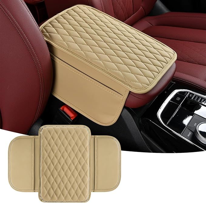 Car Center Console Cover, Upgraded Microfiber Car Armrest Cover Cushion, with 2 Storage Bags Scratch, Resistant Leather Cars Armrest Storage Box Universal Vehicles Accessories (Beige)