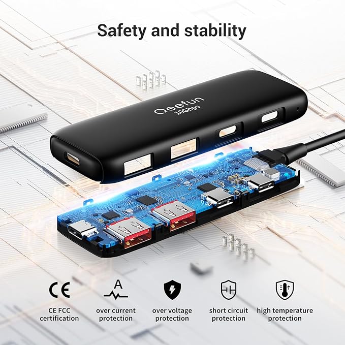 Qeefun 10Gbps USB 3.2 Hub with 2 USB A & 2 USB-C 3.2 Data Ports, USB 3.2 Gen 2 Splitter, 4ft Extended Long Cable and Type-C Power Port, USB multiport Adapter for pc, Laptop, iMac, Mac mini and More