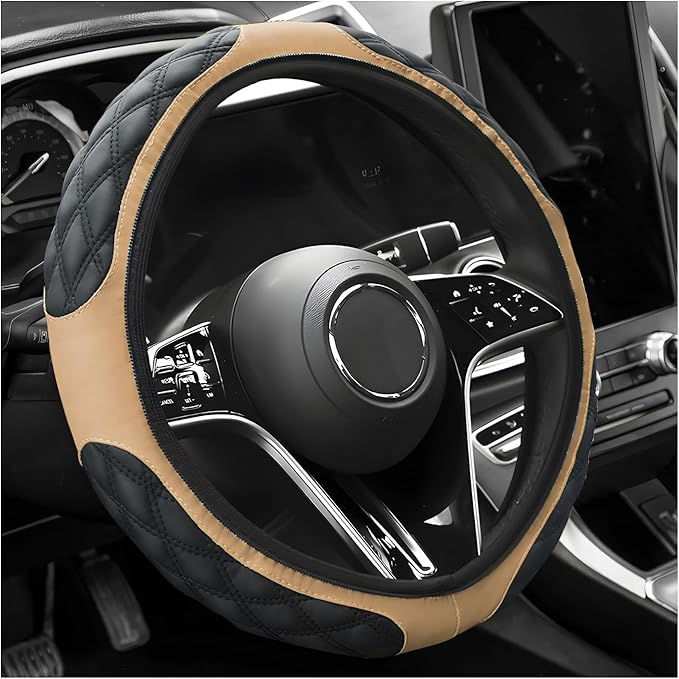 Car Steering Wheel Cover, 15 Inch Elastic Comfortable Auto Steering Wheel Protector, Anti-Slip Leather Wheel Cover Fashionable Interior Accessories for Most Cars Trucks SUVs (Beige)