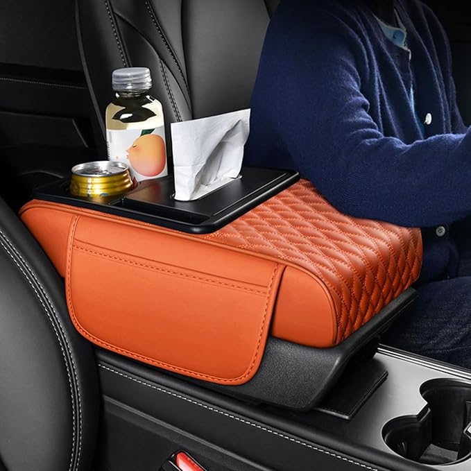 5-in-1 Car Armrest Pad Cushion, Water Ripple Embossed Center Console Booster Pad with Tissue Box, Cup Holder, Storage Bag, Phone Slot, Fit for Most Sedan Vehicles (Water Ripple Series, Beige)