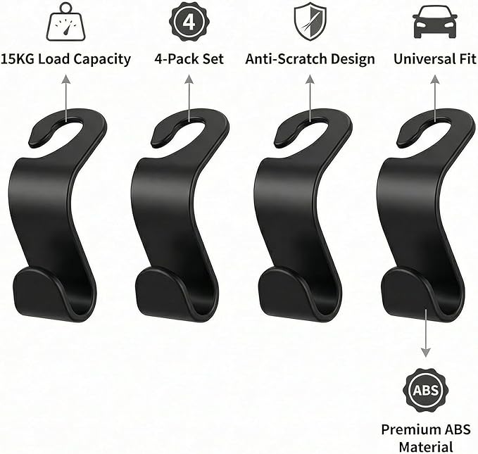4 Pack Car Seat Headrest Hooks - Universal Back Seat Hanger for Purses, Grocery Bags, and Handbags - Stylish Black Car Organizer Hooks for Interior Storage, Easy Installation, Fits Most Vehicles