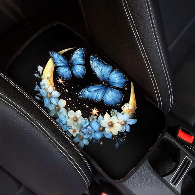UNICEU Blue Flower Butterfly Armrest Cover Pad for Car Interior Set Soft Car Center Console Armrest Cushion Cover for Vehicle SUV Truck Car Butterfly Car Accessory for Women