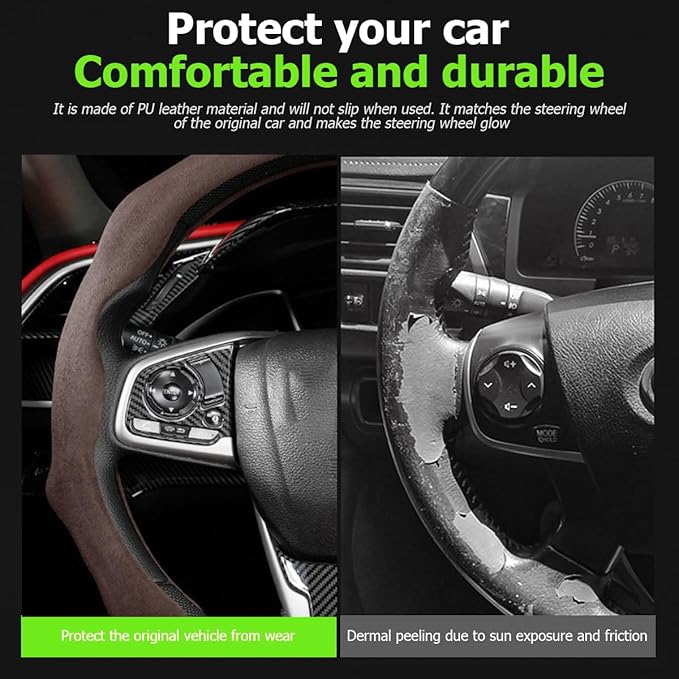 Mandark Car Steering Wheel Cover, Suede Sport Vehicle Steer Wheel Protector Fitting 15 Inch, Non-Slip Comfortable Automotive Interior Decoration Accessories, Universal for Most Cars (Coffee)