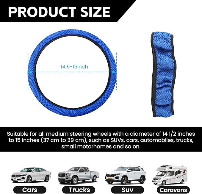 Elastic Stretch Car Steering Wheel Cover, Comfortable Steering Wheel Cover Universal for 14.5-15 Inch, Warm in Winter & Cool in Summer, Anti-Slip Breathable Ice Silk (Blue)