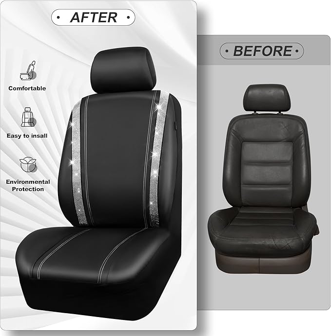 CAR PASS Bling Diamond Car Seat Covers, Shining Rhinestones Waterproof Faux Leather, 7 Seats 3 Rows with Zipper Glitter Crystal Sparkle Strips Universal Fit 95% MPV,SUV,CAR for Women Girl, Silver