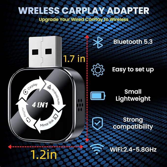 2026 Upgraded 4-in-1 Wireless CarPlay Adapter, Convert Wired to Wireless CarPlay & Android Auto, Support AirPlay & Screen Mirroring, Zero Latency Plug & Play, USB/Type-C for iPhone iOS & Android