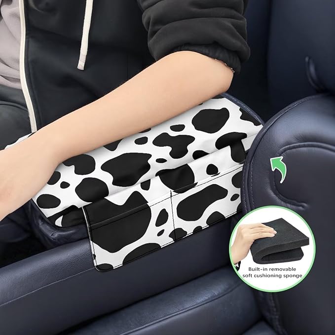 Dreaweet Cow Print Arm Rest Cover for Car Women Thick Center Console Cover with Pockets Cute Car Accessories Armrest Cover for SUV Truck Comfy Anti Scratch Center Console Armrest Pad