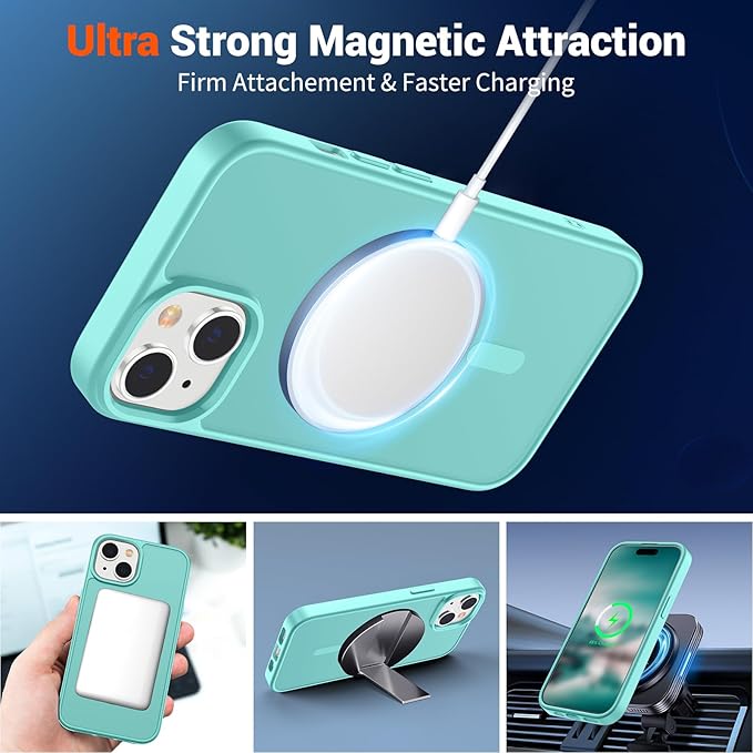 SUPFINE Magnetic for iPhone 15 Case (Compatible with MagSafe) (Military Grade Drop Protection) Slim Translucent Matte Shockproof with Anti-Fingerprint Phone Case, Blue Green