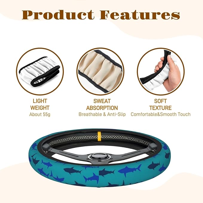 Steering Wheel Cover Accessories Neoprene Cover, Breathable Non-Slip Easy to Install Suitable for Women Men, 14.5-15.5 Inch for Car SUV Van Truck Universal - Cute Shark