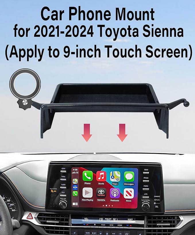 Car Phone Holder for Toyota Sienna 2021-2024 Accessories Apply to 9 Inch Screen Fixed Clip Magnetic Cell Phone Mount Hands-Free 360 Degree Rotation with Dashboard Storage Tray
