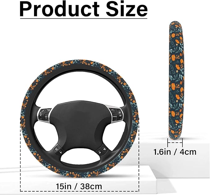 Orange Wildflowers Steering Wheel Cover, Cute Print Steering Wheel Cover Protector, Ultra Thin Breathable Non-Slip, Car Accessories for Women, for Steering Wheel with a Diameter of 14.5"-15"