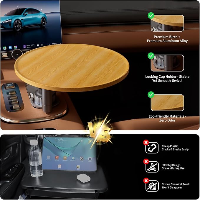 Car Tray & Car Desk for Laptop, 360° Rotating Wood Cup Holder Table, Steering Wheel Tray, Car Accessories for Women & Men,Compatible with Tesla Model Y/3/S, Ford F150/Explorer/Maverick & Most Vehicles