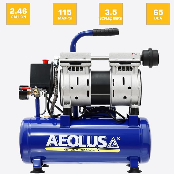 Ultra Quiet Air Compressor, 65dB, Oil-Free, Quick Couplers,115PSI, Portable Electric for Car and Bike Tires, Nail Gun, and Pneumatic Tools, Garage, Shop (Accessories Kit)