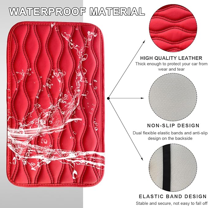 Car Center Console Cushion Pad, 12.48×7.40 Inches Waterproof Car Armrest Seat Box Cover, Comfortable PU Leather Vehicle Armrest Cover Protector, Car Decor Interior Accessories (Red＋Black)