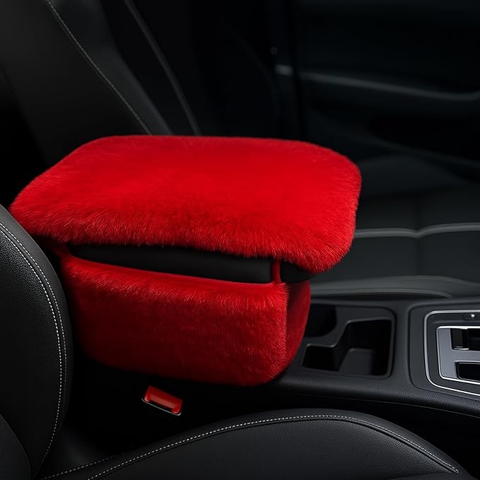 Fluffy Car Armrest Cover with Side Pockets – Plush Fuzzy Fur Center Console Armrest Cushion Pad, Universal Winter Car Interior Protector, Soft Arm Rest Cover with Storage for Women & Men (RED)